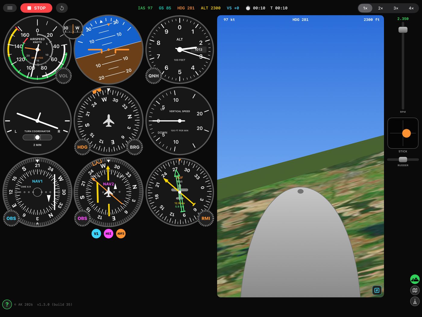 The synthetic view over the cowling, banked, with the panel alongside.