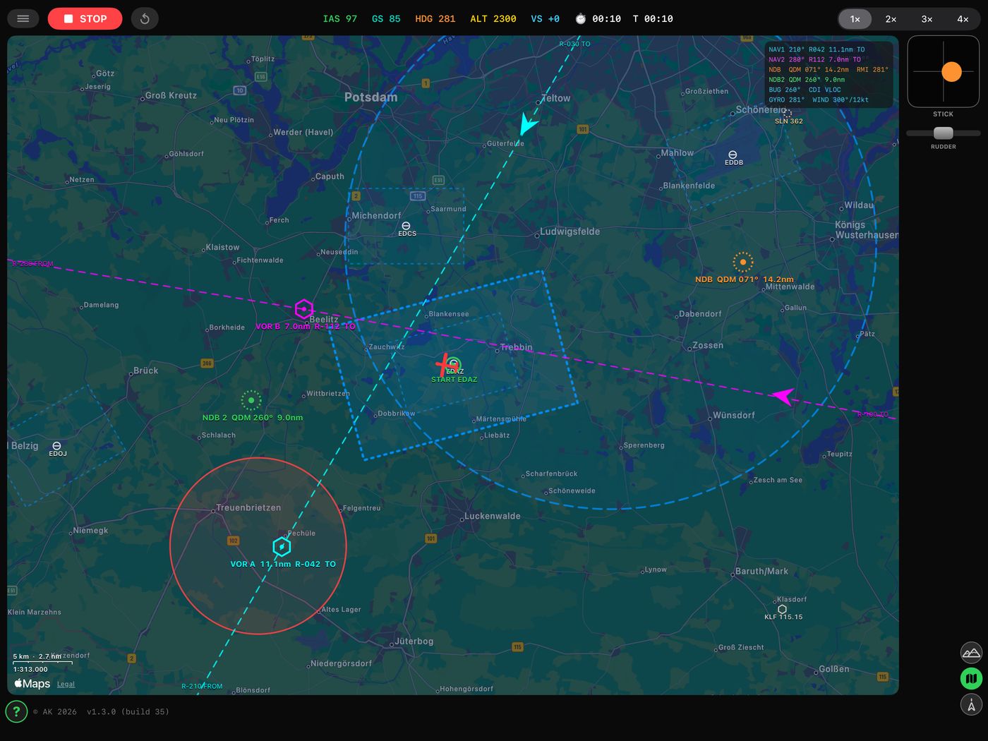 Full-screen moving map with radials drawn through the stations, the aircraft track and airspace.