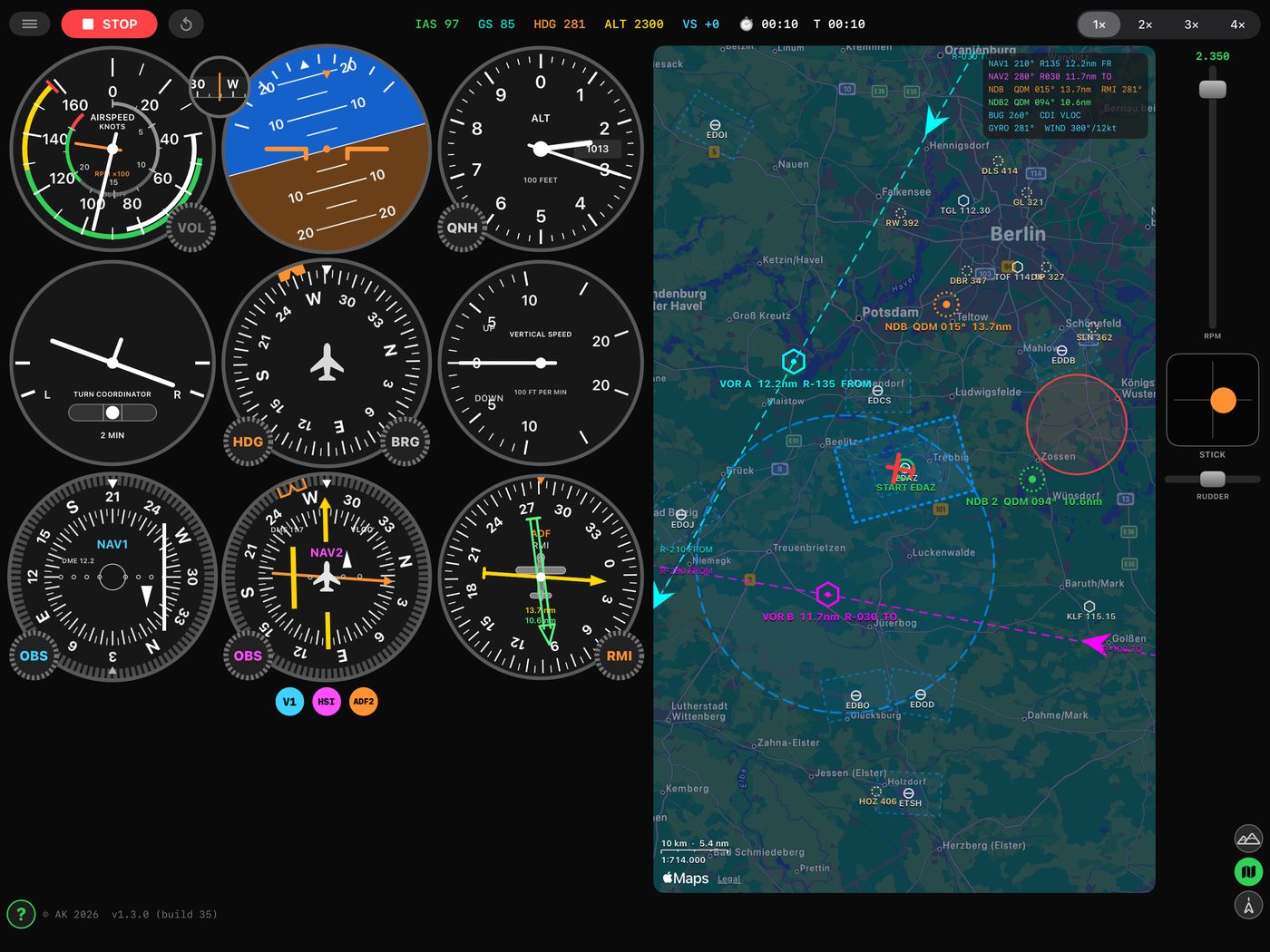 The instrument panel beside the moving map: six gauges, a VOR head, an HSI and a twin-needle ADF.